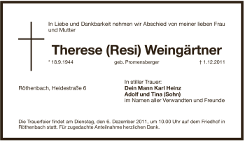 Traueranzeige von Therese Weingärtner von Pegnitz-Zeitung